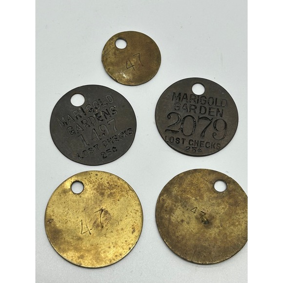 Vintage Lot of 5 Brass Locker Check TAGS 2 from Marigold Gardens - Picture 2 of 4